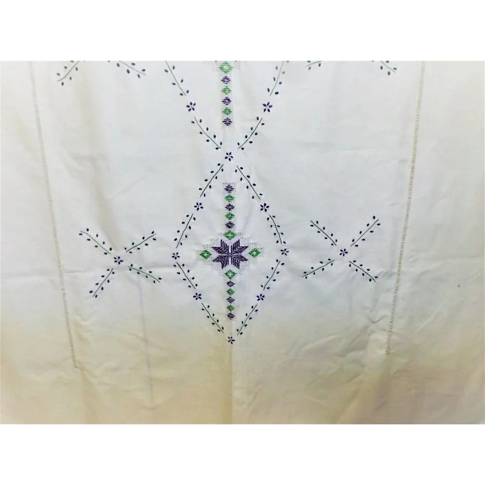 Vintage Embroidered 52 X 68 Beige Linen Tablecloth Purple and Green Design